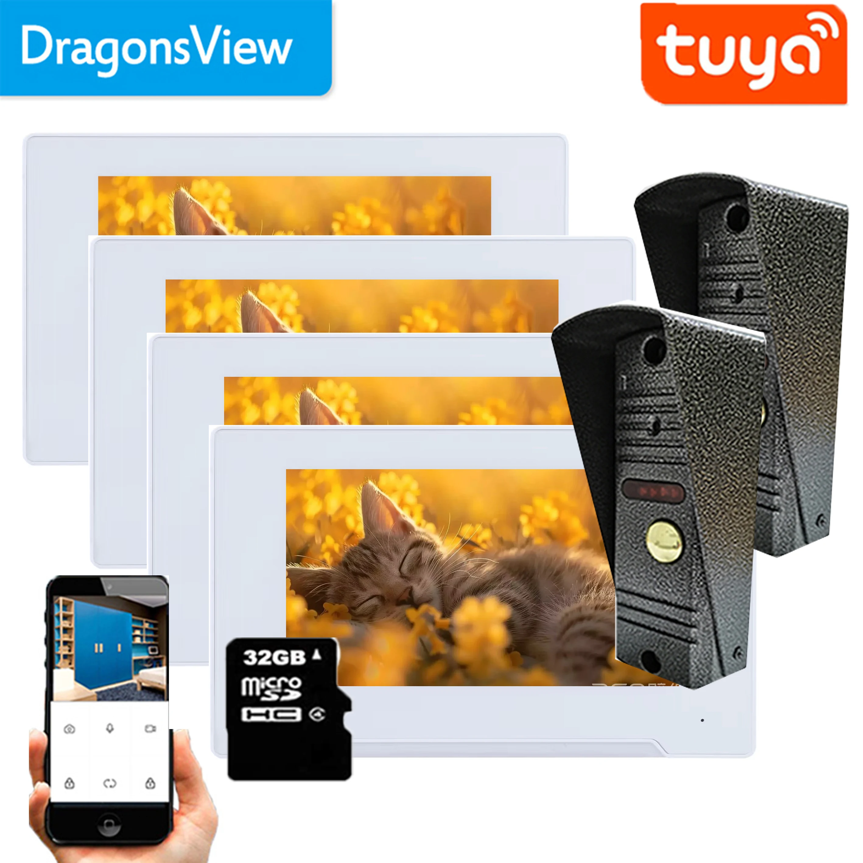 Dragonsview  7 Inch 1080p Video Intercom Tuya Smart Video Door Phone Multiple System Record Monitor White Call Transfer Unlock