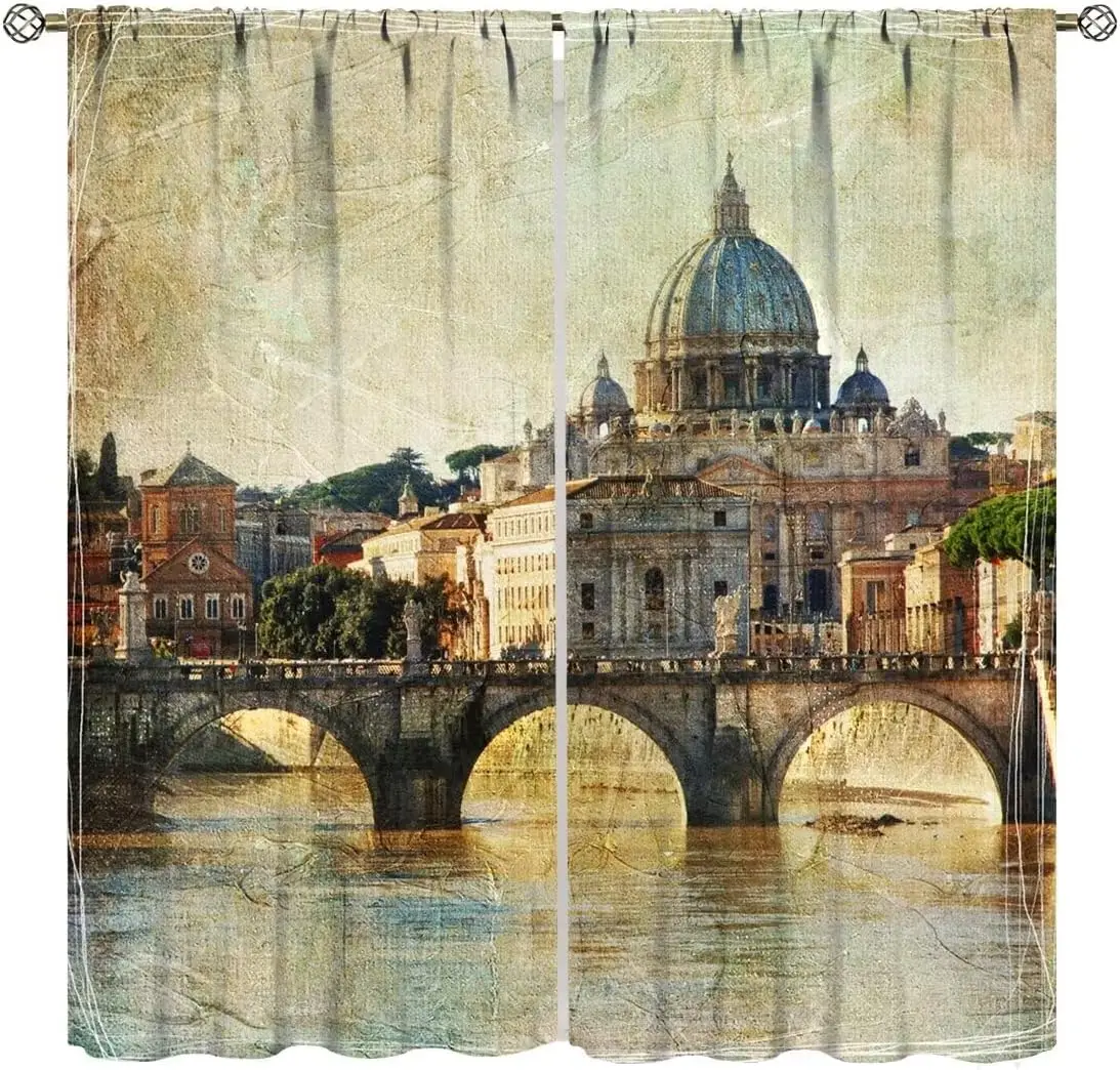 Vintage Roman Landscape Curtains, 2 Panels European Town Scenery Drapes for Home Decor