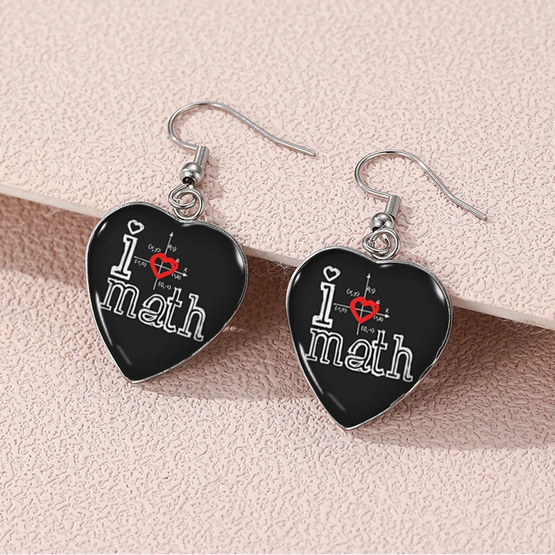 2024 New I Love Math Mathematics Dangle Earring Heart Shaped Earrings Handmade Glass Dome Jewelry