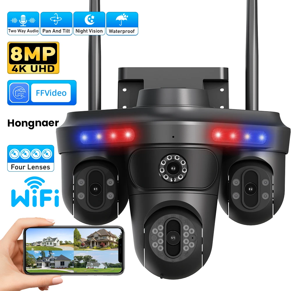 

Hongnaer 8MP 4K FFVideo 4 Lenses Outdoor Video PTZ Network IP WiFi Wireless CCTV Home Security Camera
