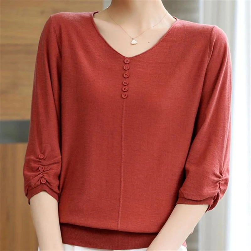 Women Clothes Simple Casual Solid Loose Elegant Basic Thin Knit T Shirts Summer V Neck Three Quarter Sleeve Pullover Tops Female