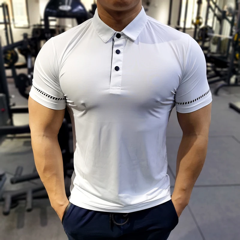 

2023 Summer Men Short Sleeve Running Shirt Sports Jogging Gym Training Dry Fit Sportswear Fitness Trainer Elastic Polo T-shirt