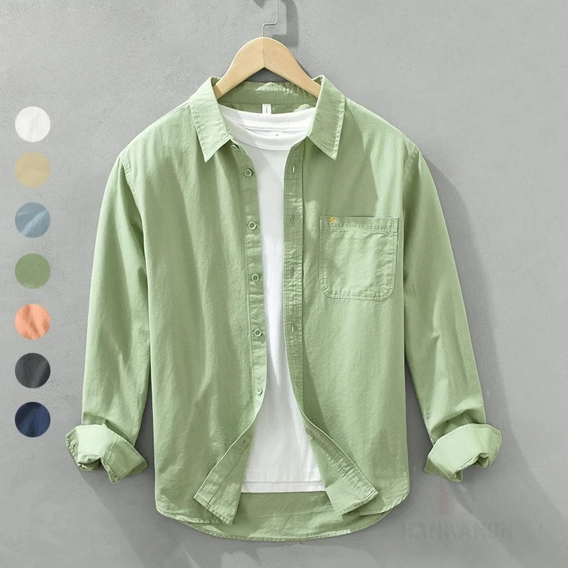 Men 100% Cotton Long Sleeve Shirt Minimalist Solid Color Casual Button Down Shirts Loose Fit Breathable Spring Autumn Tops