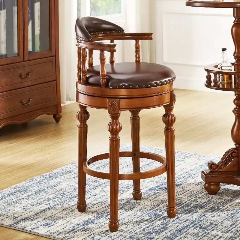 Wooden Leather Swivel High Bar Stools for Commercial Use Restaurants & Kitchen Islands-Retro Design