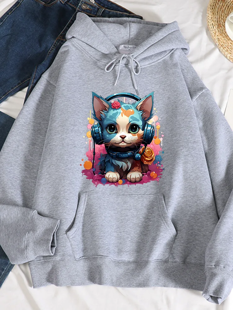 

A Cool And Colorful Catprint Hoody Women Hip Hop Casual Warm Sweatshirt Fashion Loose Autumn Hooded Casual Fleece Versatile Top