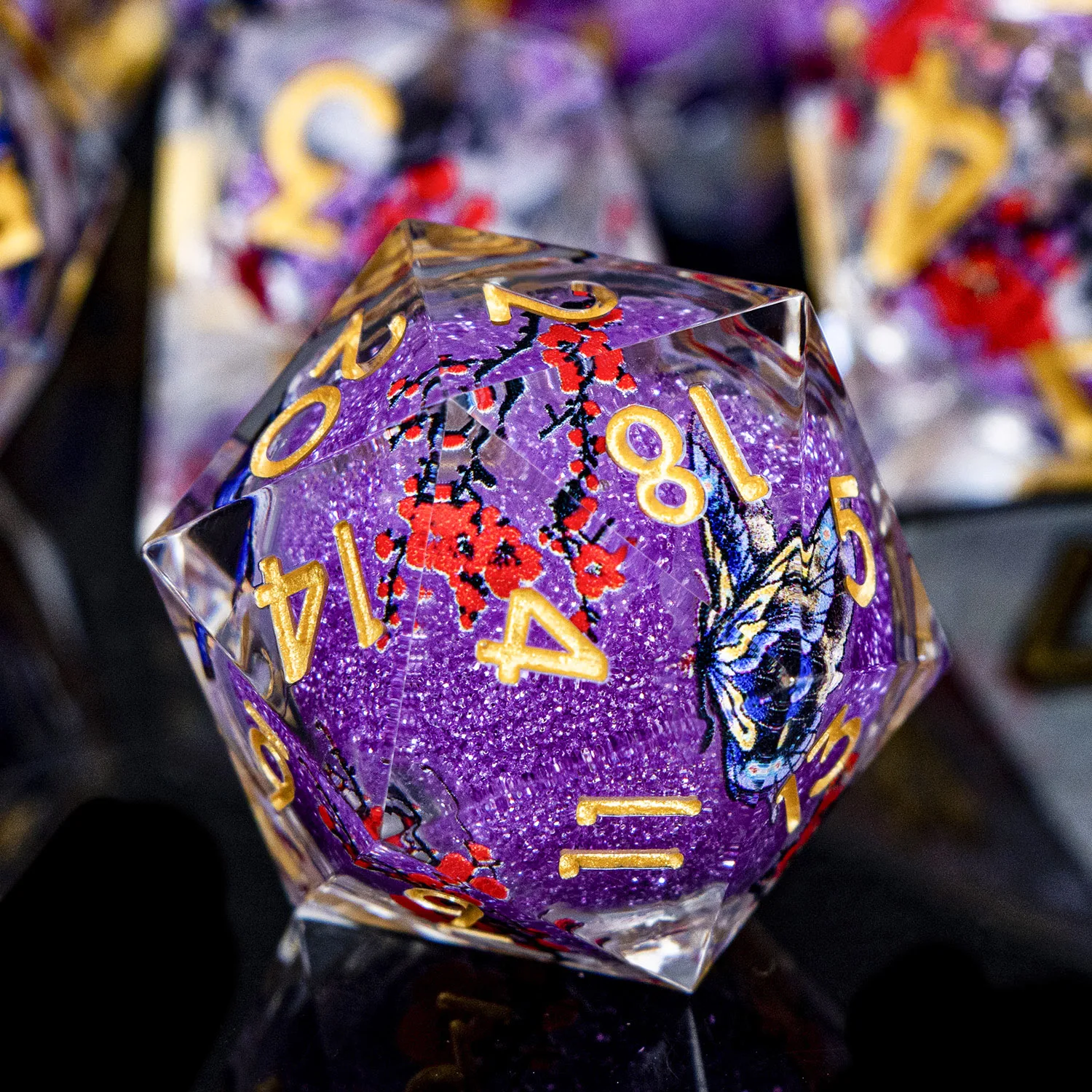 D20 Purple Butterfly Liquid Core DND Sharp Edge Resin Dice D&D Dungeon and Dragon Role Playing Game Polyhedral D and D Dice Set