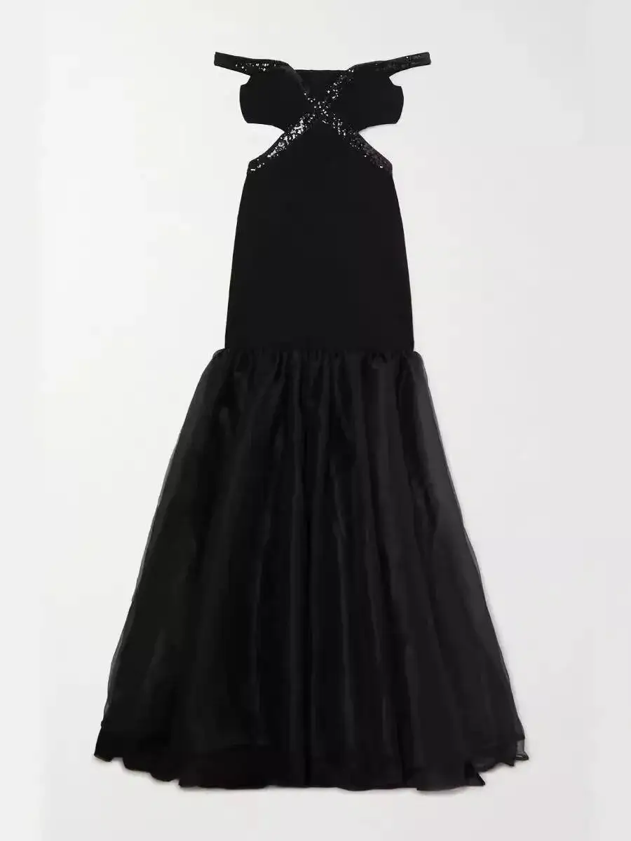 2025 nuevo elegante mujer verano celebridad Sexy sin tirantes diamantes recortados negro Maxi vestido largo elegante vestido de fiesta de noche para discoteca