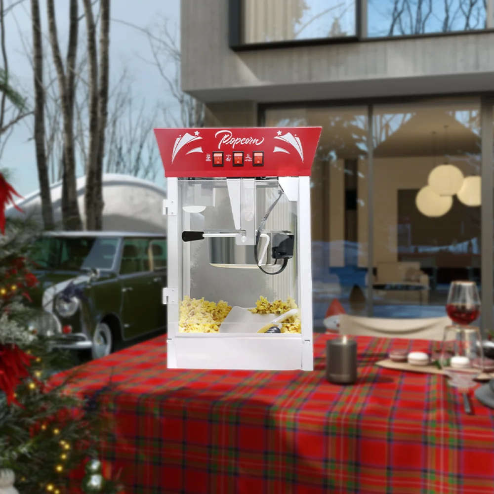 Macchina per popcorn commerciale da 12 once in acciaio inossidabile con vetro temperato che riscalda il controsoffitto da 850 W per feste, eventi, casa