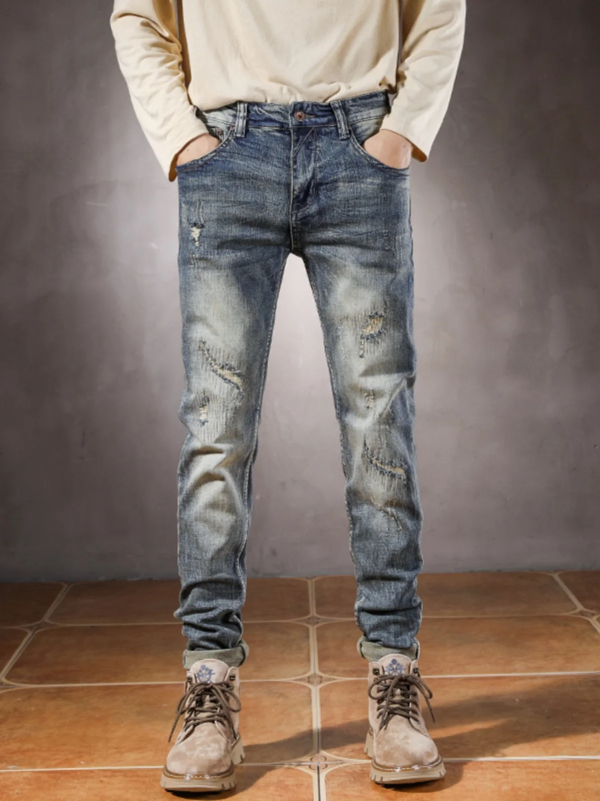 

Мужские рваные джинсы из Гонконга, осенняя коллекция, премиум-класса, эластичные, облегающие, длинные брюки, винтажный стиль, повседневные, из хлопковой стрейч-ткани