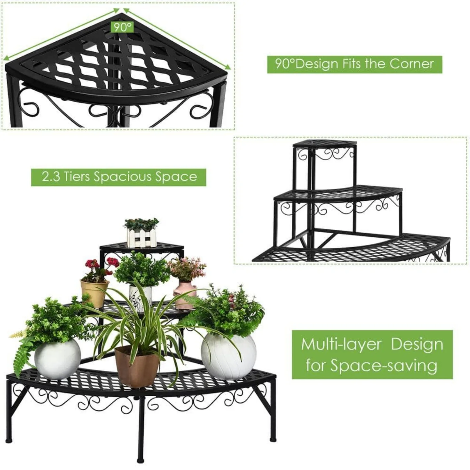 US 24 in Soporte de Metal negro para plantas, esquina de acero para interiores y exteriores, alto, 3 niveles