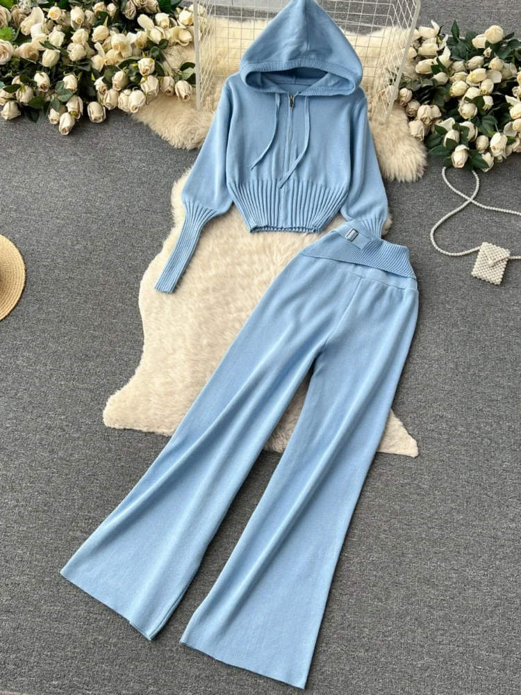 

Осенне-зимние спортивные костюмы, женские однотонные вязаные топы с капюшоном + облегающие брюки с высокой талией, повседневные уличные свитера, комплекты из двух предметов