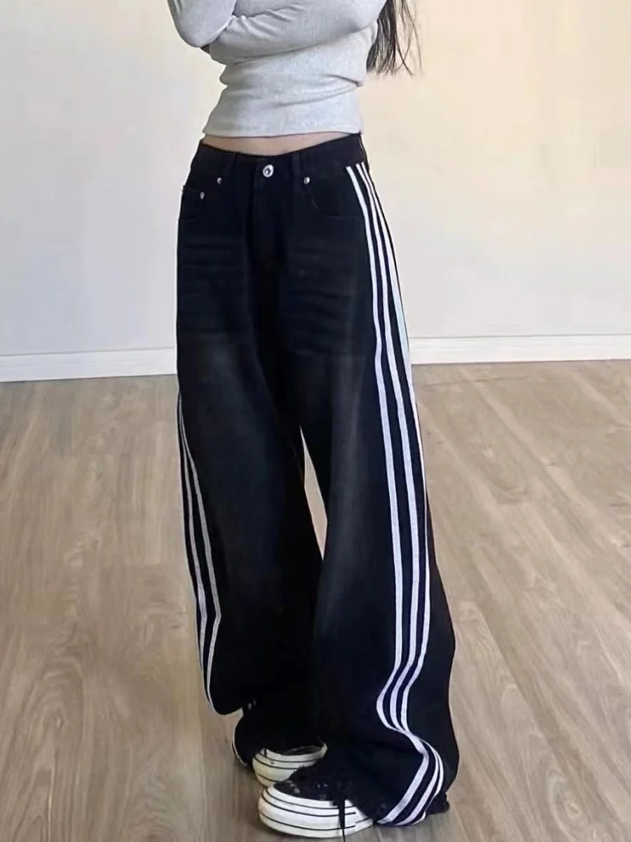 Jeans da donna con design a righe a gamba larga retrò americano a vita alta, vestibilità ampia, dimagranti, taglio dritto, pantaloni in denim autunno nuovo Sle