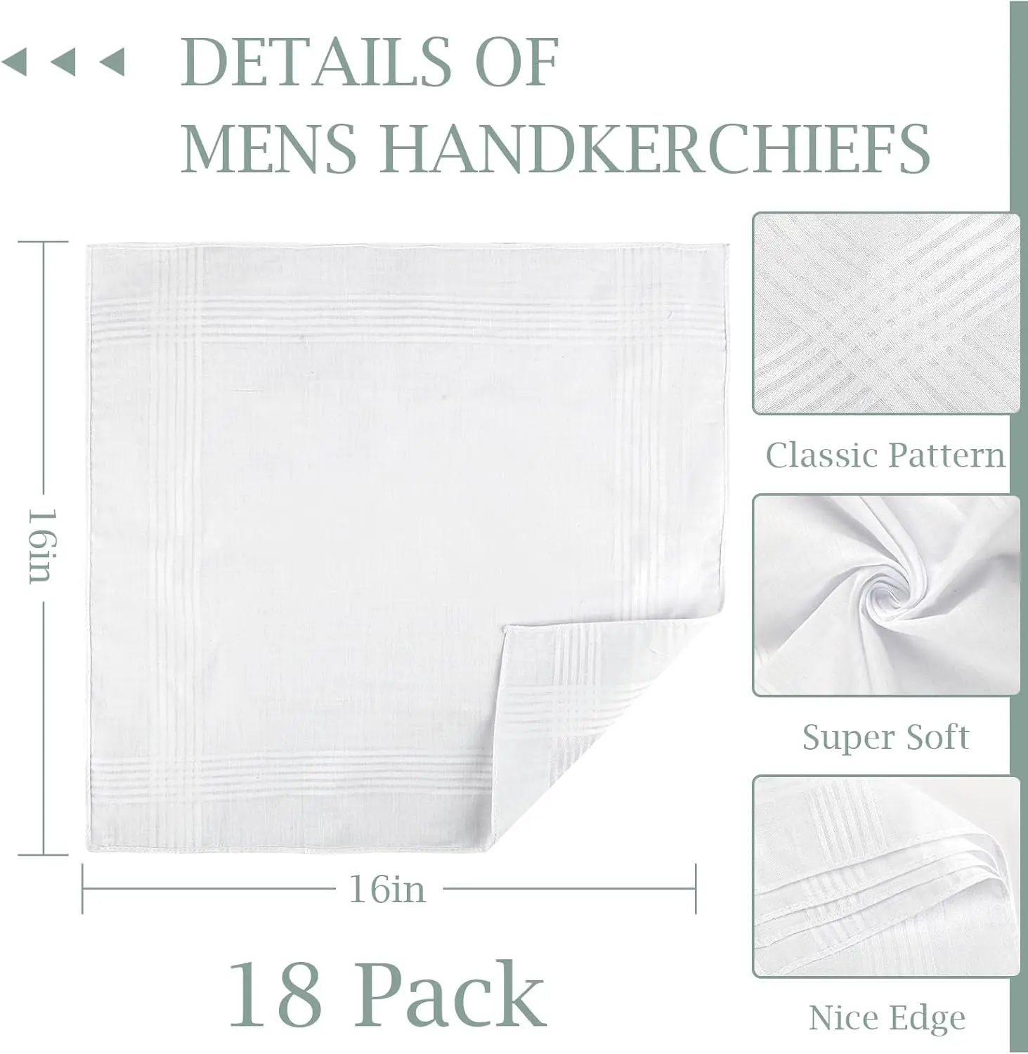 Handkerchiefs for Men, 100% Soft Cotton White Hankies, Classic Reusable Men's Handkerchiefs, 15x15 Inch Pocket Hanky