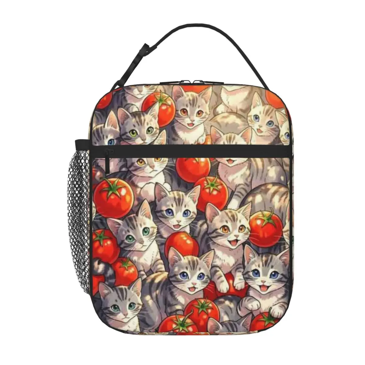 Bestselling Grey Tabby Cats And Tomatoes Anime Style Cute Pattern Design Graphic Office Lunch Bag Long Drive Canvas Lunch Bag