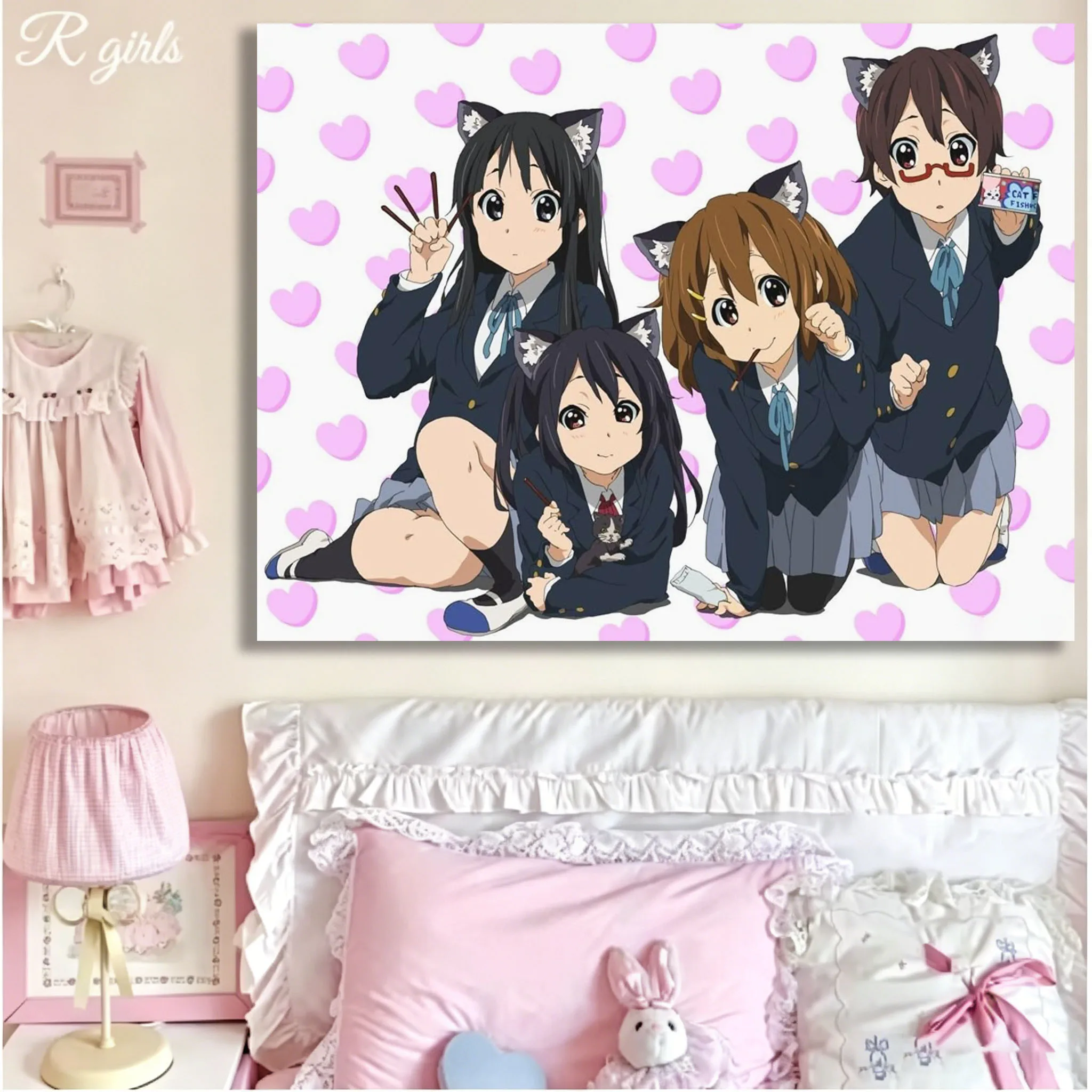 Kawaii Girl Group Tapestry, Purple Heart Background Design, Aesthetic Wall Hanging, Room Bedroom House Decor for Anime Fans