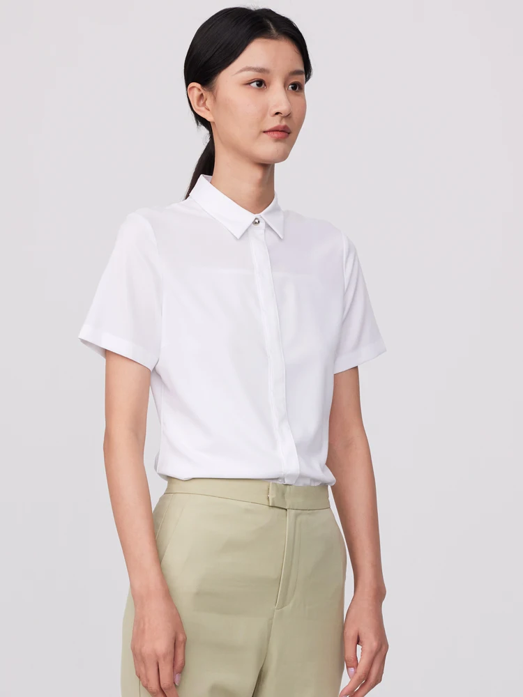 Ladies Office Solid Versatile Slim-fit Blouses & Shirts Female Summer Casual Short Sleeve Slight Strech Bamboo Fiber Dress Shirt