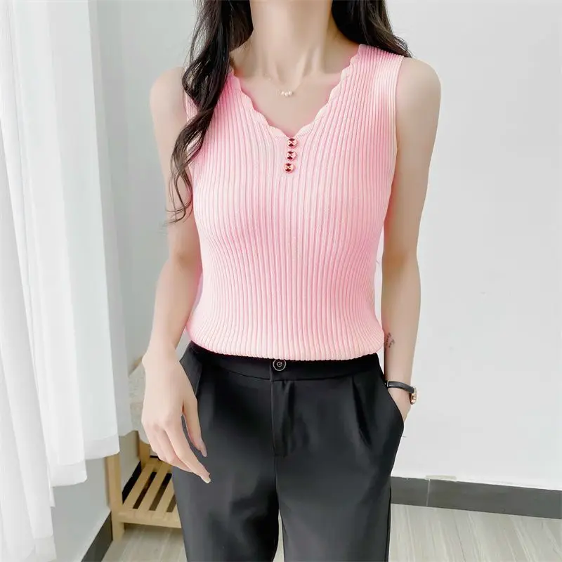 Summer New Women Slim Tank Top Korean Clothing Solid V-neck Button Fashion Casual Simple Bottoming Versatile Sleeveless Vest