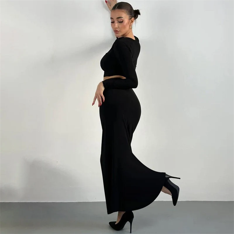 Elegant Party Ruched Maxi Dress Sets Women 2 Piece Club Outfits Long Sleeve O-neck Crop Top and Bodycon Long Skirt Matching Sets