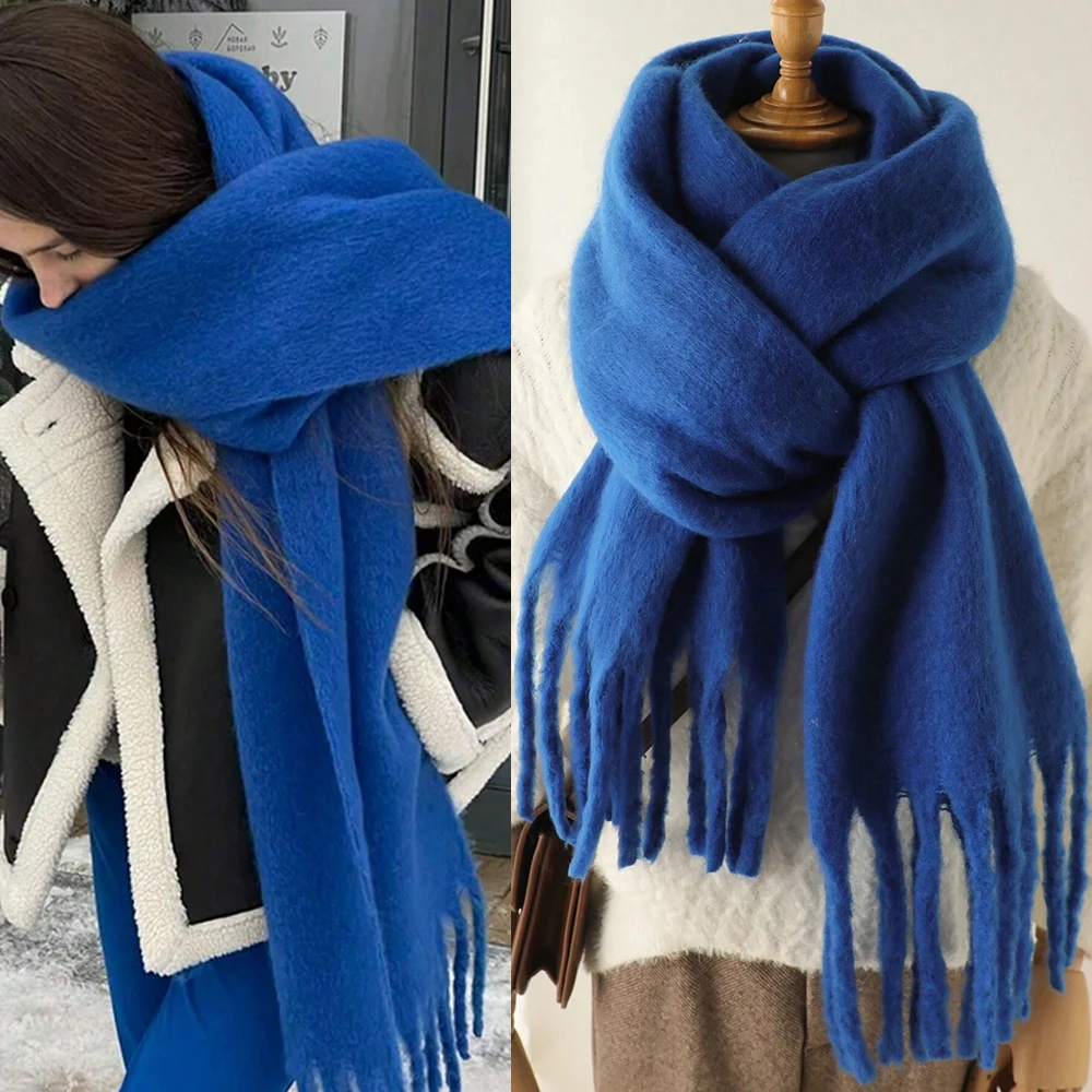 

Зимний шарф для женщин, теплое однотонное одеяло из пашмины, женское толстое мягкое шаль Bufanda с большими кисточками, длинное пончо Echarpe