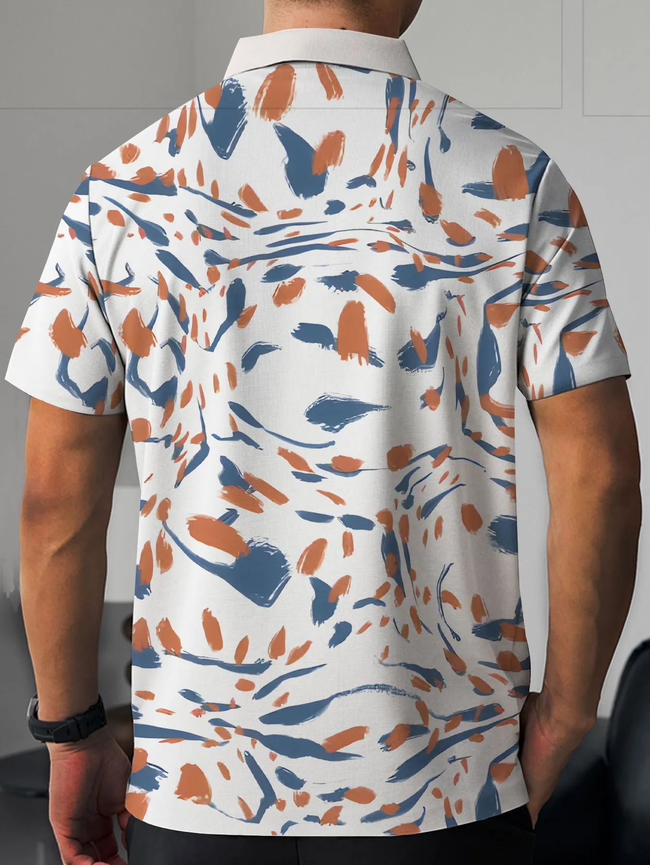 New men's short-sleeve polo shirt T-shirt, loose-fitting and tailored with printed patterns, versatile basic crew-neck top suita