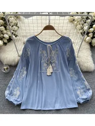 New Women Spring Summer Blouse French Printed Shirt Loose Long Sleeve Design Small Retro Lantern Sleeve Embroidery Top D2564