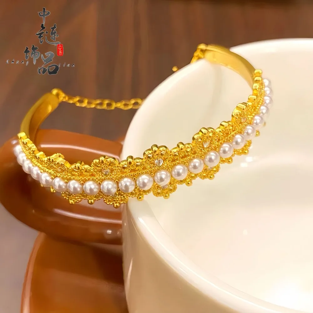Gold inlaid pearl Princess Crown bracelet female 9999gold