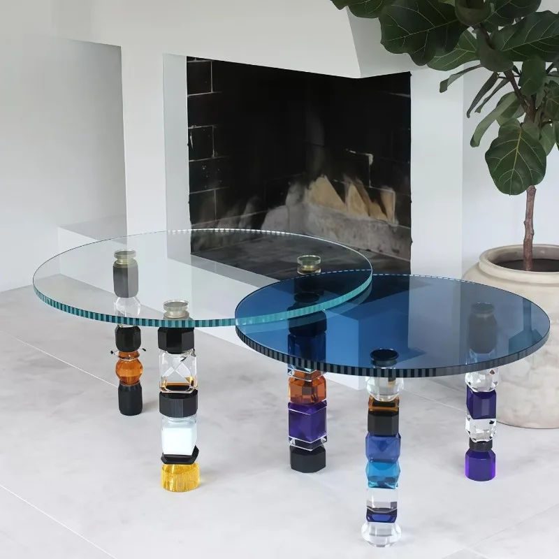 Light luxury crystal glass coffee table, colorful Italian living room tall round coffee table, artistic side table