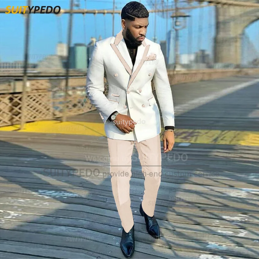 Fashion White Men Suits Slim Fit Double Breasted Blazer Pants 2 Pieces Tailor-made Luxury Business Party Wedding Tuxedos for Men