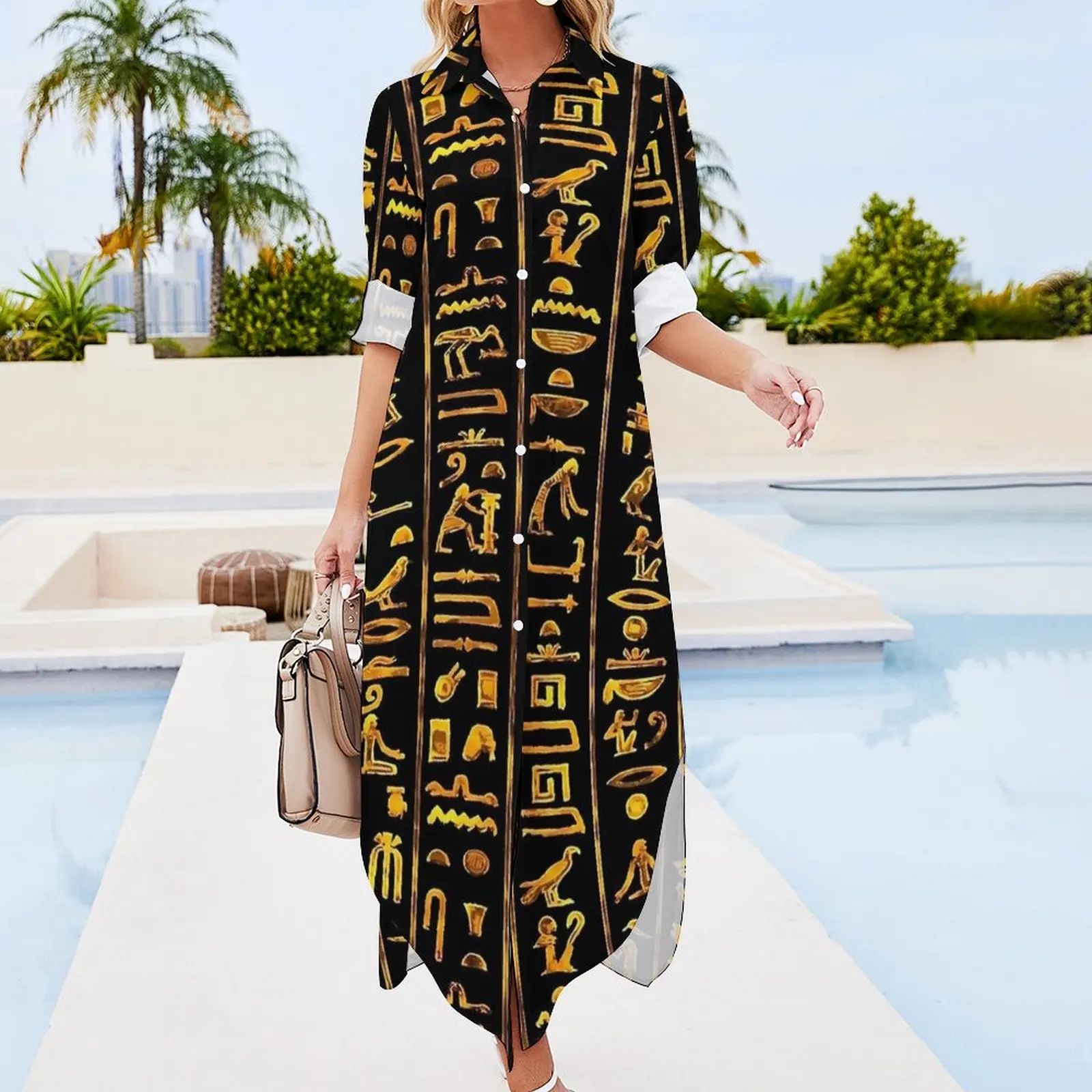 Ancient Egyptian Art Hieroglyphs Chiffon Dress  Beach Dresses Women Long Sleeve Street Wear V Neck Pattern Big Size Casual Dress