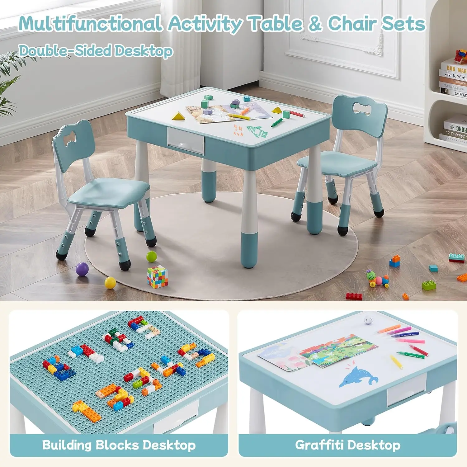 Conjunto de mesa infantil 4 em 1 e 2 cadeiras, conjunto de mesa e cadeira para crianças de 3 a 10 anos, mesa de atividades para blocos de construção/desenho/R