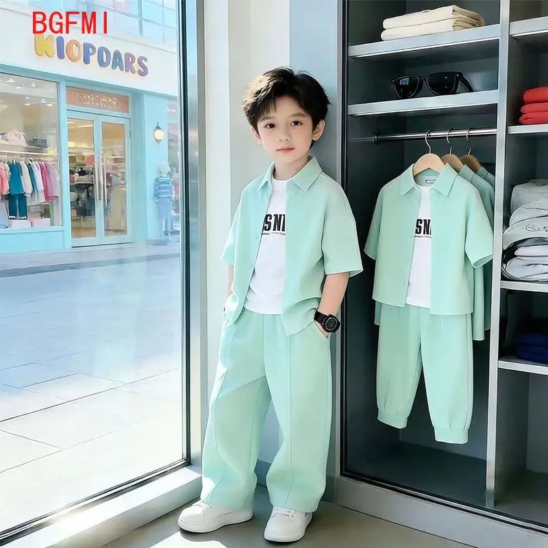 Boys' Short Sleeved Green Top+ Bottom Summer Set 2026 New Children's Shirt+ Mosquito Proof Pants Boys' Casual  Handsome 2pcsSet
