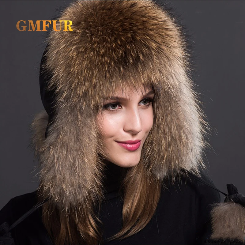 

New Russia Hot Fox Fur Hat Fashion Winter Warm Raccoon Bomber Fox Fur Hat With Ear Flaps For Women Thick and Warm Fur Cap H#37