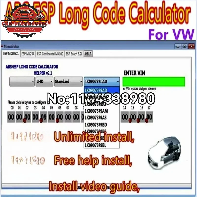 Latest for VW ABS ESP Long Code Calculator Helper MK60EC1 ABS ESP Long Code Calculator software+unlimited install+install video