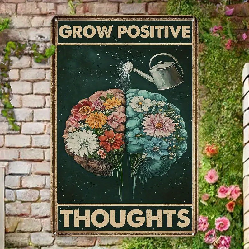 Vintage Metall-Wandschild „Grow Positive Thoughts“, florales Gehirndesign, 20,3 x 30,5 cm, motivierende Heimdekoration für Wohnzimmer und Küche