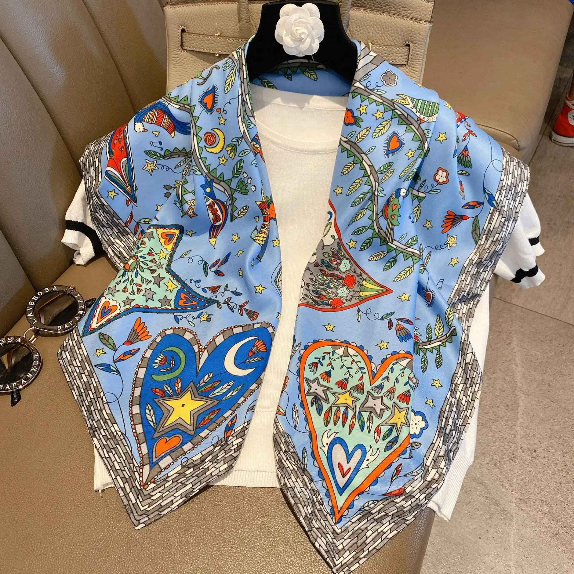 Geometric Pattern Scarf Imitation Silk Satin Shawl Thin Summer Sunscreen Bandana Outdoor Handbag Decoration Scarf Headscarf 2024