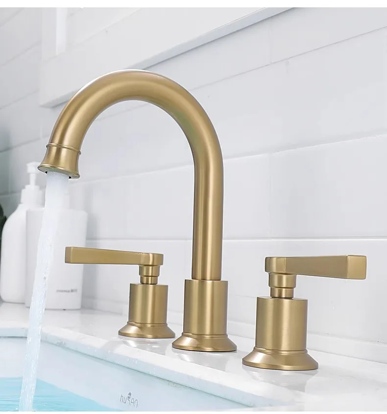 

Luxury Brushed Gold Bathroom sink faucet 3 Holes 2 Handles lavabo faucet Hot cold water washbowl Tap Brass washbasin Faucet