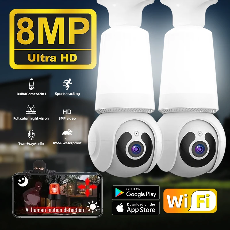 

8MP E27 Bulb Camera Wifi Surveillance with LED Bulb Two-way Audio Night Vision 10X Zoom CCTV PTZ Smart Tracking 4K Wireless Cam