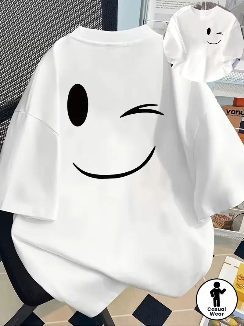 Front and Back Printed T-Shirt with Winking Expressions Women's T-shirt Trendy Spring and Summer Printed  Short-Sleeve T-Shirt