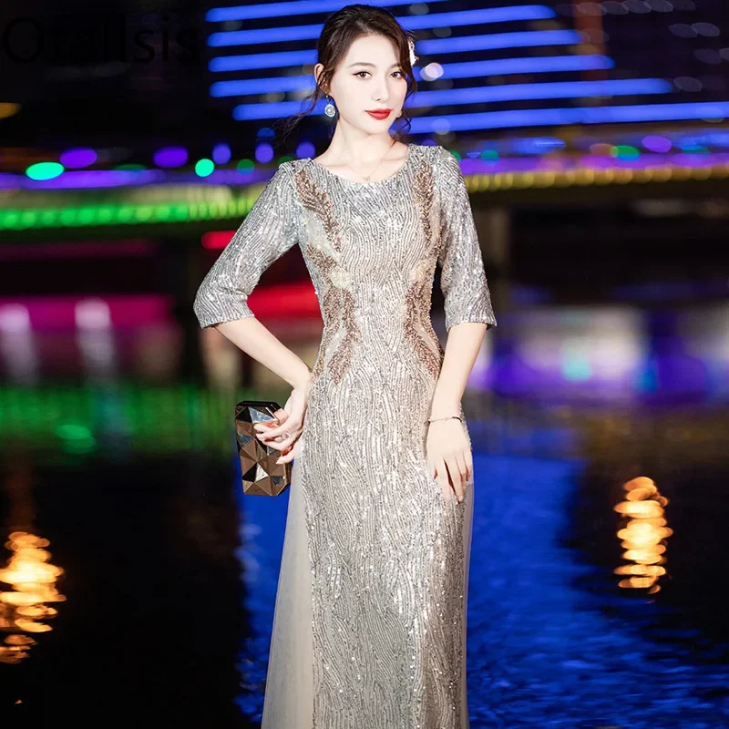 Ofallsis O neck Sequins Evening Dress Women\'s 2023 New Summer Long Banquet Style Celebrity Annual Meeting Long Dresses Female