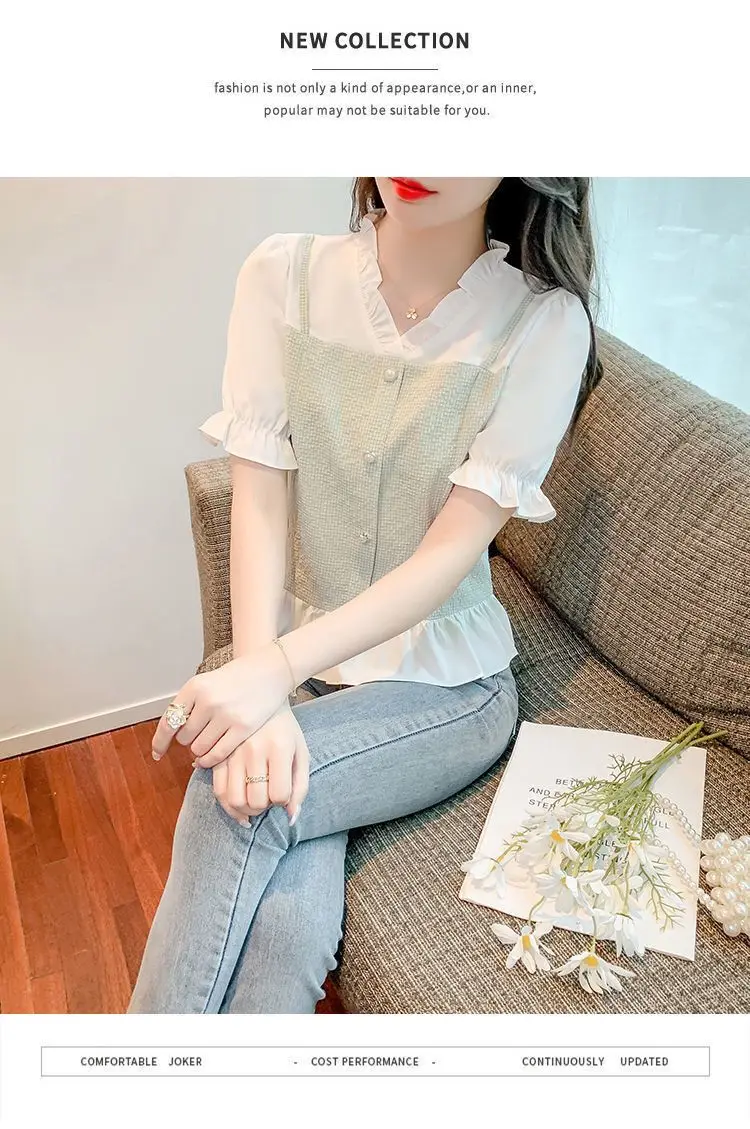 Top corto con bordi in legno con scollo a V dolce dal design nuovo stile a maniche corte