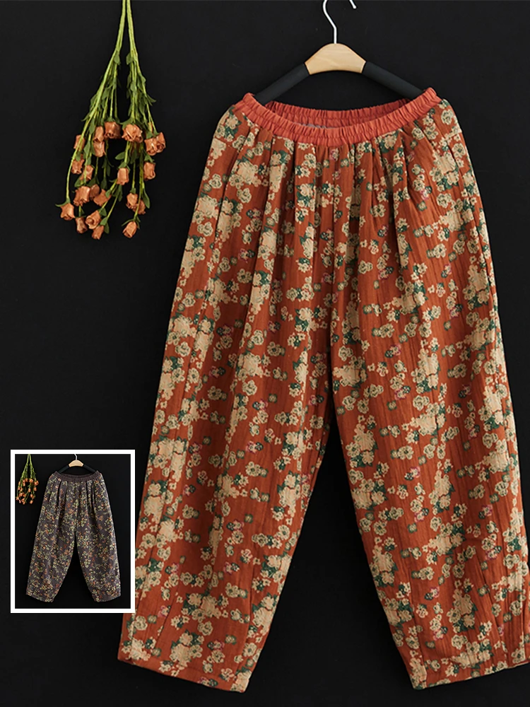 

Summer Vintage Floral Cotton Linen Harlan Pants plus Size Women's Casual Trousers Elastic Waist Versatile Loose Long Pants