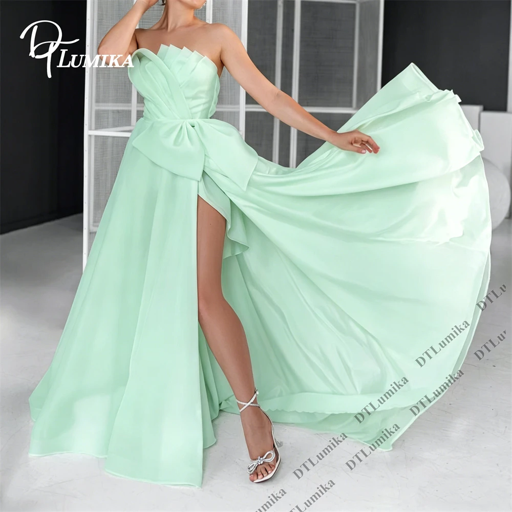 DTLumika Customized Organza A Line Prom Dress for Women, Sleeveless Long Evening Gown Pleated Mint Green Wedding Party Gown