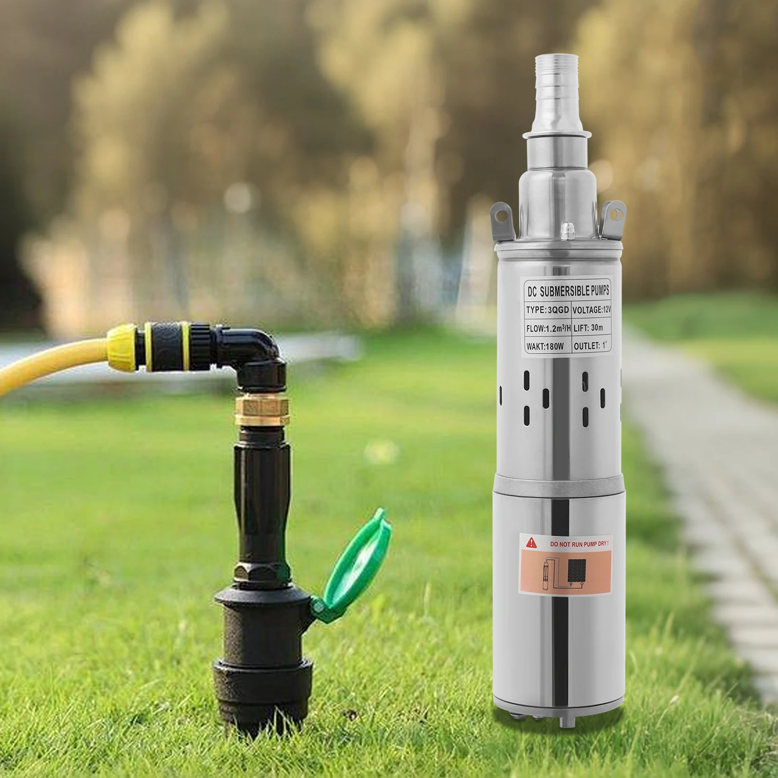 

Солнечный водяной насос 12В 180Вт, напор 30м, погружной насос из нержавеющей стали, водонепроницаемость IP68, для глубоких скважин, прудов, ирригации, автономного использования