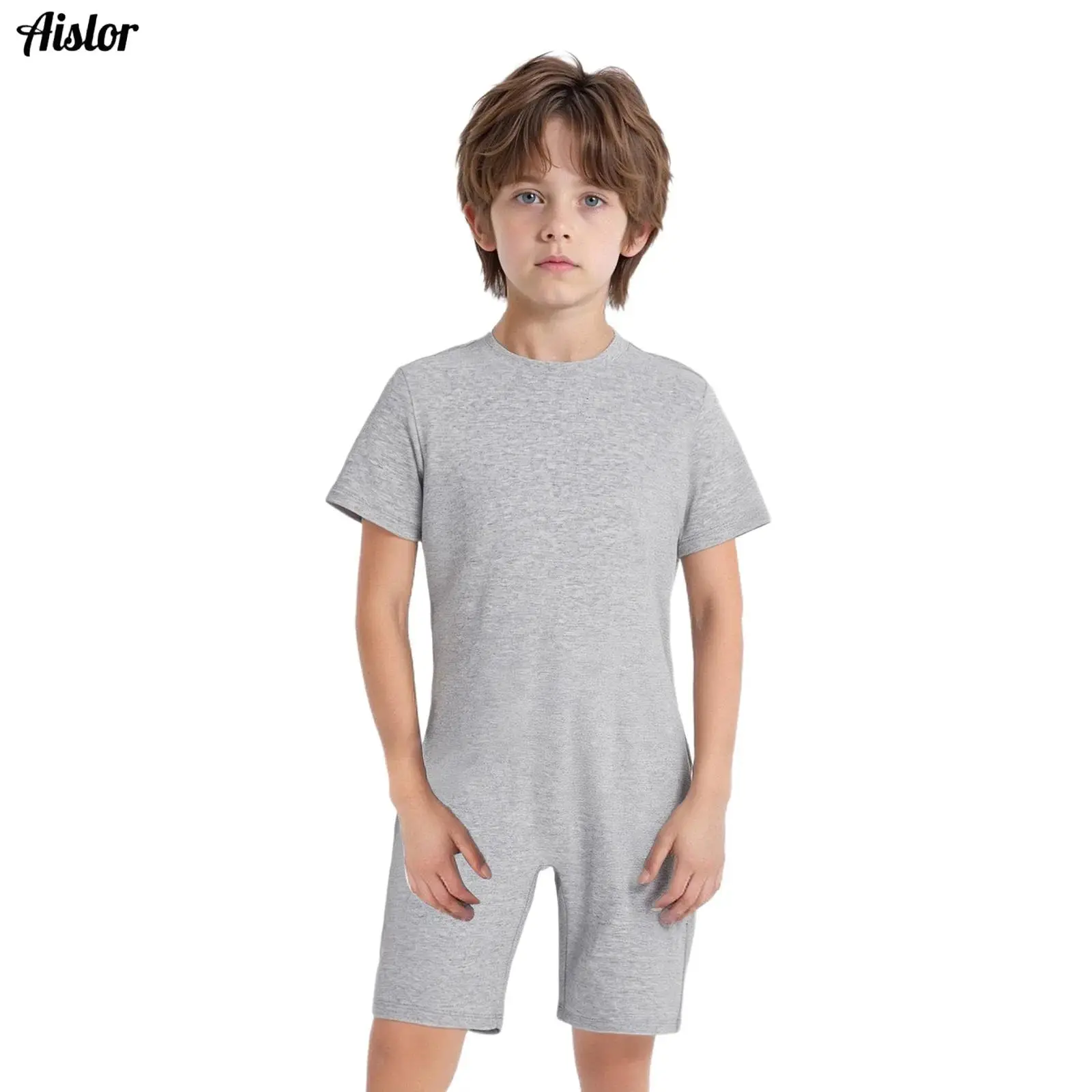 3Pcs Kids Girls Boys Special Needs Adaptive Clothing Cotton Round Neck Short Sleeve Back Invisible Zipper Solid Color Jumpsuit
