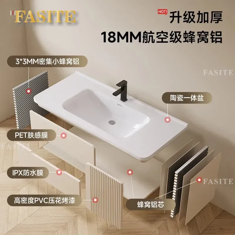 For Bathroom Thickened Honeycomb Aluminum Cabinet Ceramic Integrated Basin Vanity Combo with Smart Mirror Space Saving Modern