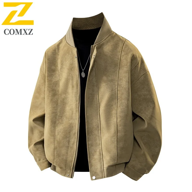 

COMXZ American Style Mens Leather Jacket Baseball Collar Lightweight Motorcycle Coat Solid Color Comfortable Autumn Clothing