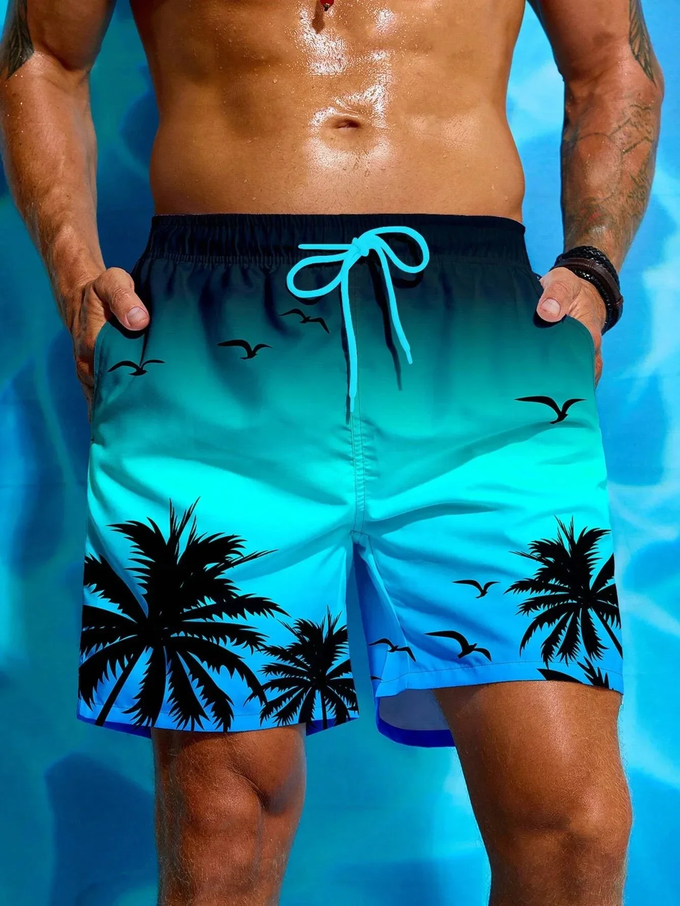 Palm Tree Stereo Print Pattern Men\'s Athletic Shorts Beach Vacation Men\'s Swim Shorts Vacation Hawaii Beach Men\'s Shorts S-2XL