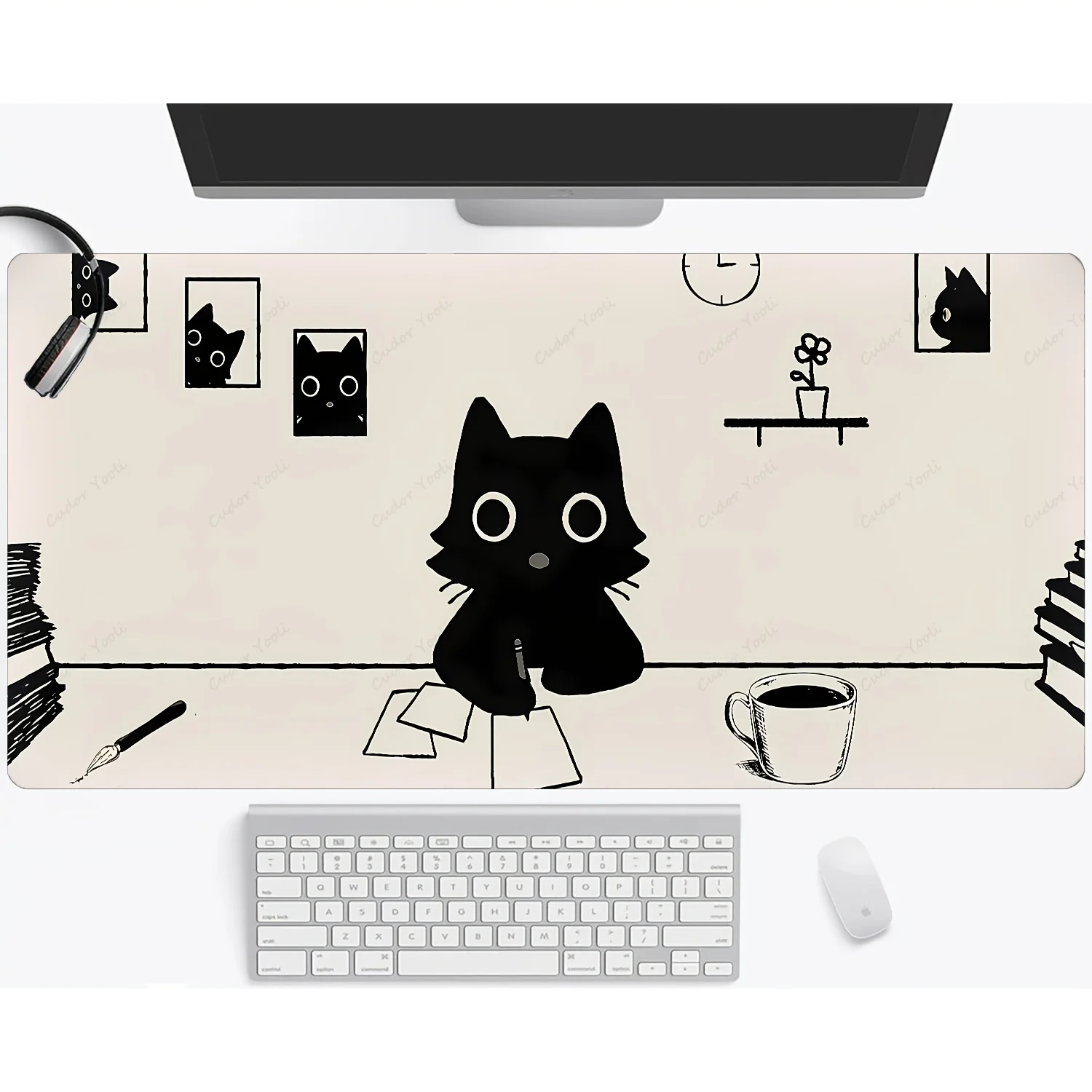 

Cute beige anime black cat mousepad is made of anti-slip rubber and is durable for PC home office and study desktop decoration