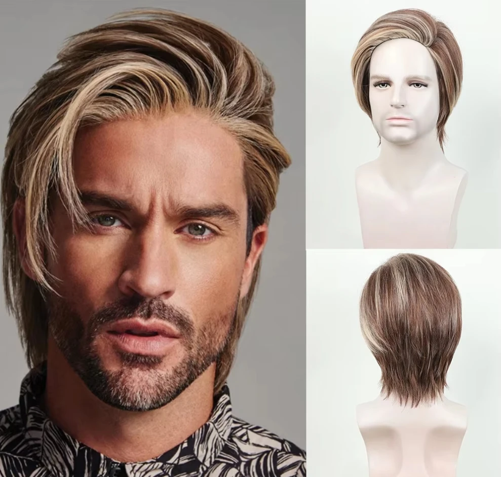 

Synthetic Short Straight Hair Wigs For Men Mixed Brown Daily Use Good Look Realistic Fake Hair Daily Wear Wigs