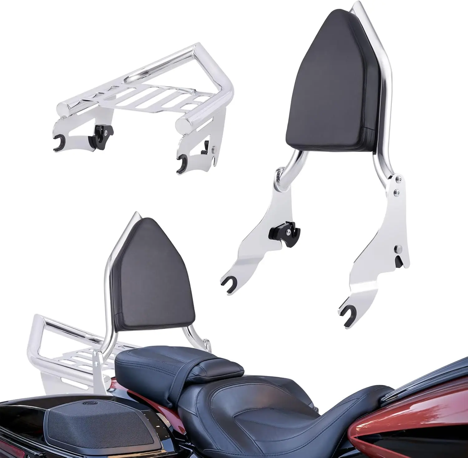 Detachable Motorcycle Sissy Bar Backrest with Luggage Rack, Rear Grab Handles and Bracket Kit, Fits 2009-2025 Touring Motorcycles, Silver